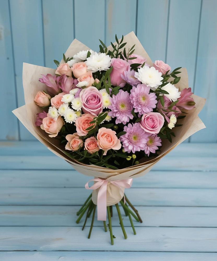 Букет цветов из: Хризантемы, Розы и Альстромерии в Нижнем Тагиле