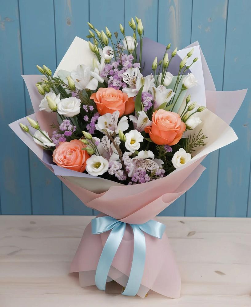 Букет цветов из: Лизиантусы, Розы, Альстромерии и Гипсофила в Нижнем Тагиле