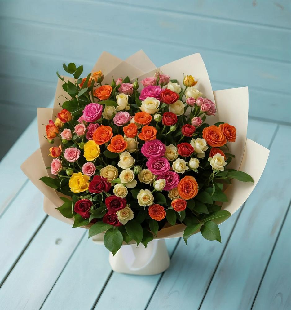 Букет Микс из разноцветных кустовых роз в Нижнем Тагиле