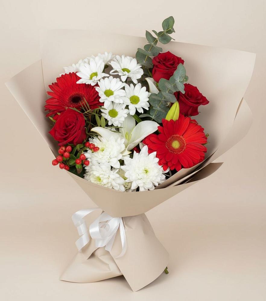 Букет цветов из: Розы, Хризантемы, Герберы и Лилии в Нижнем Тагиле