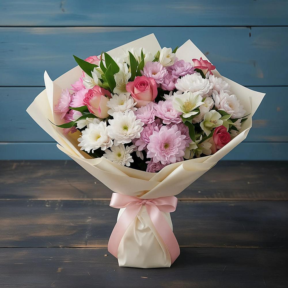 Букет цветов из: Хризантемы, Альстромерии и Розы в Нижнем Тагиле